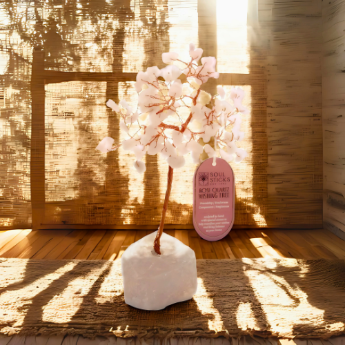 Decorative wishing tree with pink flowers on a white base, placed on a wooden floor with a textured wall in the background.