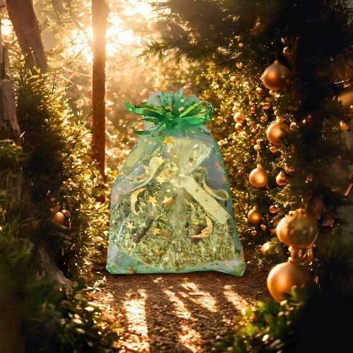 Decorative bag with a fairy design in a festive setting with Christmas ornaments and lights.