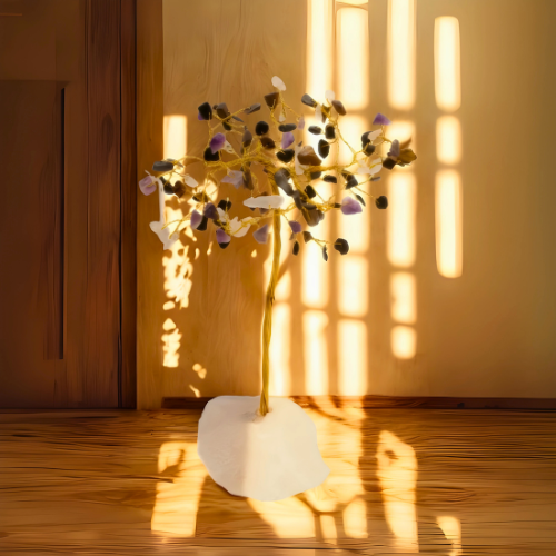 Decorative plant in a white vase on a wooden floor with sunlight casting shadows on the wall.