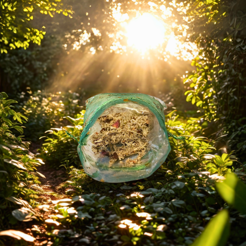 Green Bag with natural contents on a forest floor with sunlight filtering through