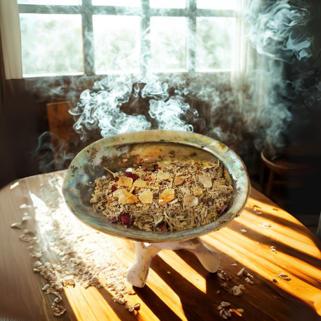 Bowl of incense with smoke in a room with a window