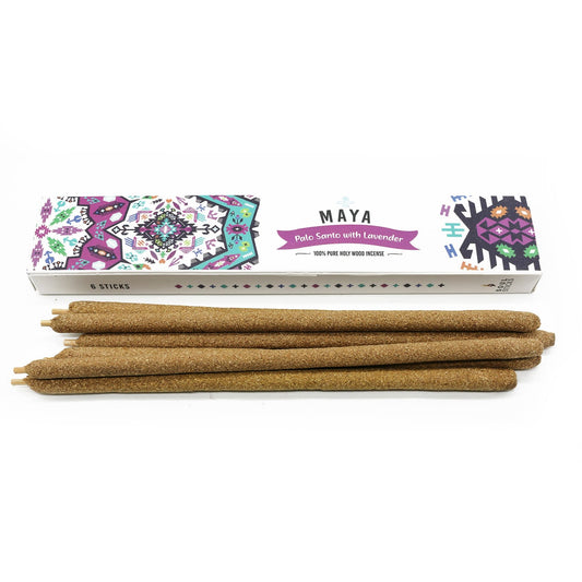 A pack of Maya Palo Santo Incense Sticks with Lavender, displayed alongside the sticks outside the packaging.