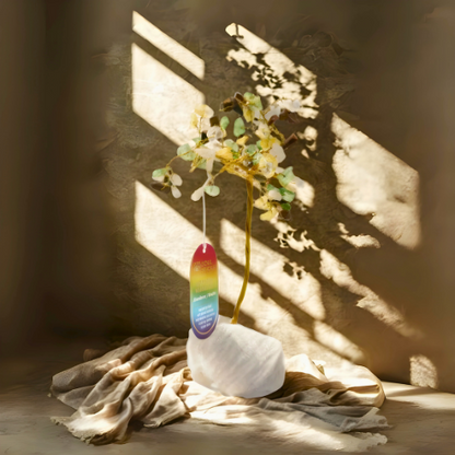 Decorative item with a rainbow tag on a textured surface with sunlight casting shadows.